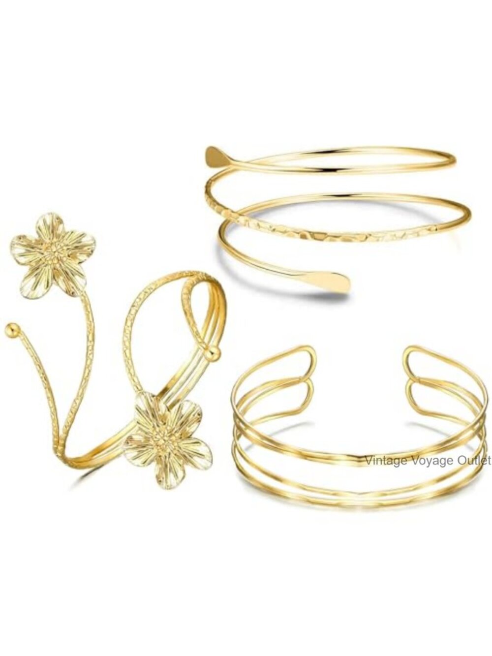 3pc Gold Arm Cuff Bracelet Set Flower Spiral Adjustable Alloy Upper Arm Band